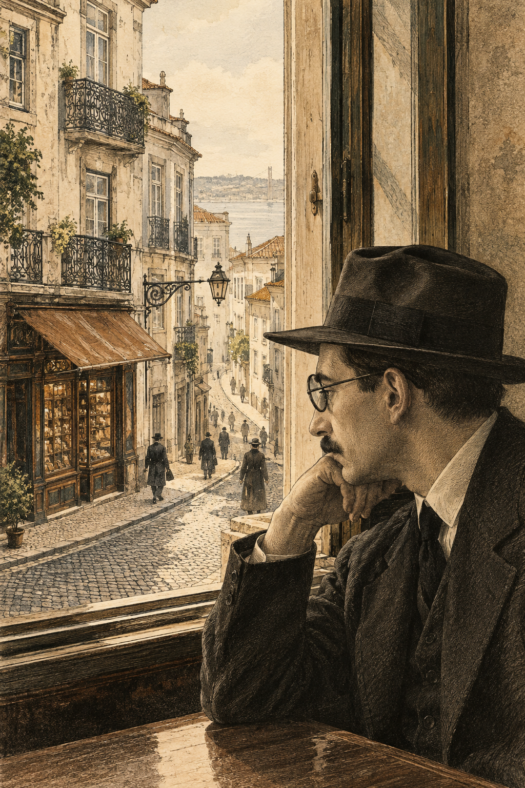 Fernando Pessoa contempla uma rua de Lisboa pela janela, em uma ilustração em tons de sépia.